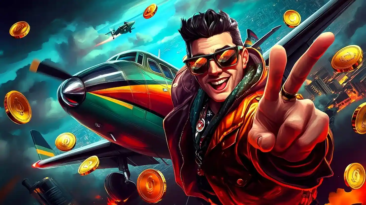 Man in sunglasses and pilot jacket showing a victory sign next to an airplane with flying gold coins (Aviator game style).