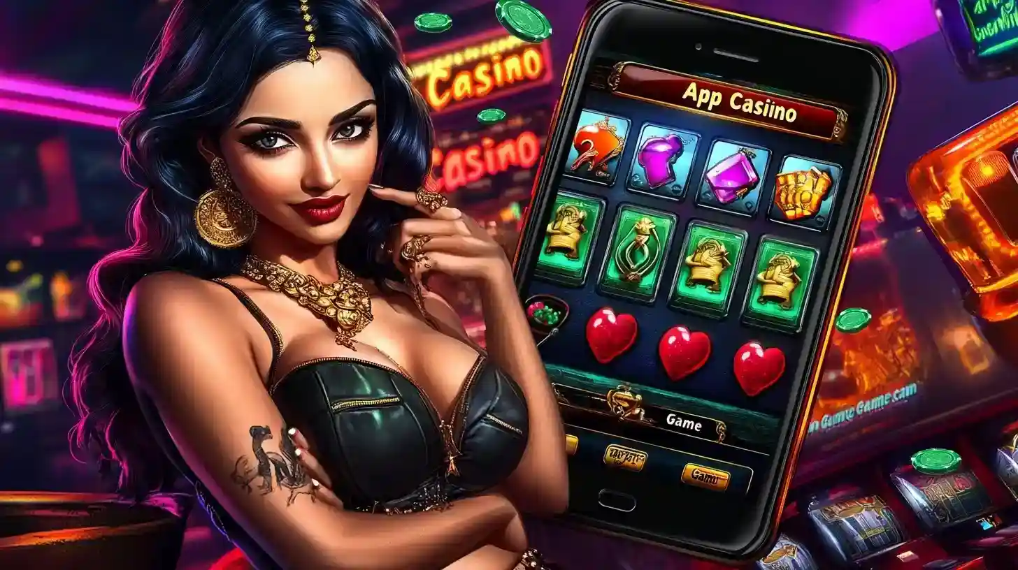 Smiling woman holding a smartphone showing a casino game app with slot machines in the background.