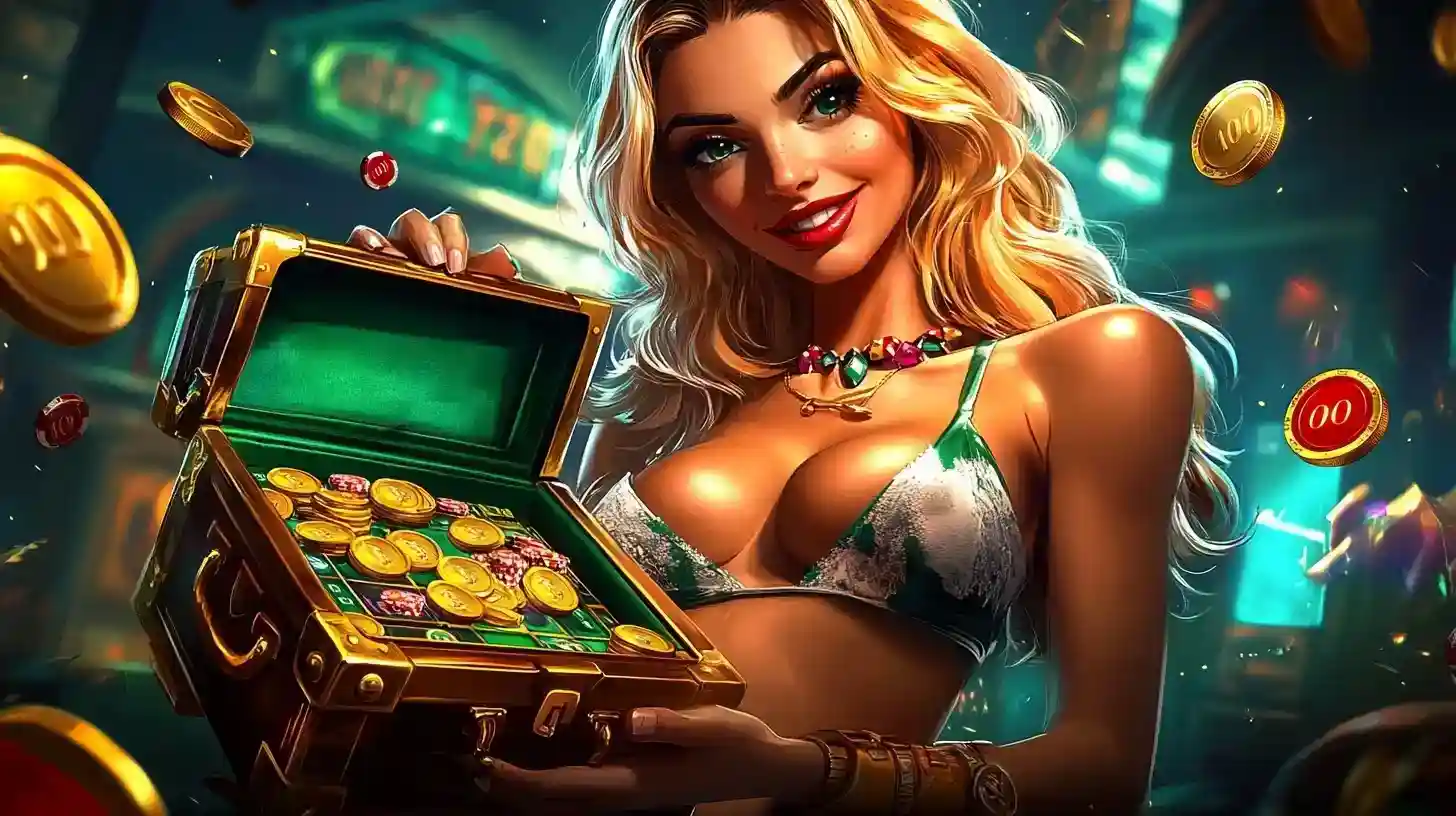 Attractive blonde woman with sunglasses on her head posing in a neon-lit casino game hall.