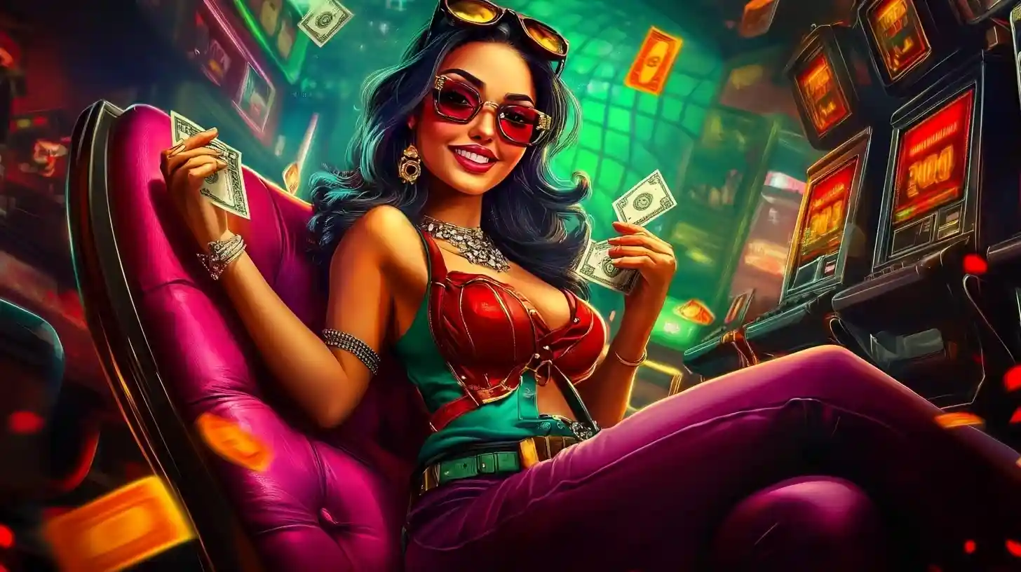 Smiling blonde woman holding an open case full of gold casino coins and chips.