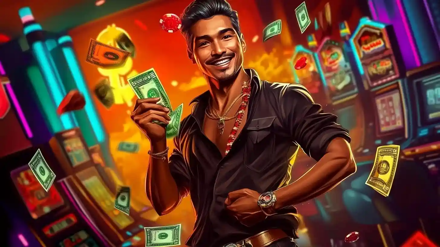 Stylish woman with sunglasses sitting in a chair holding dollar bills in a casino near slot machines.