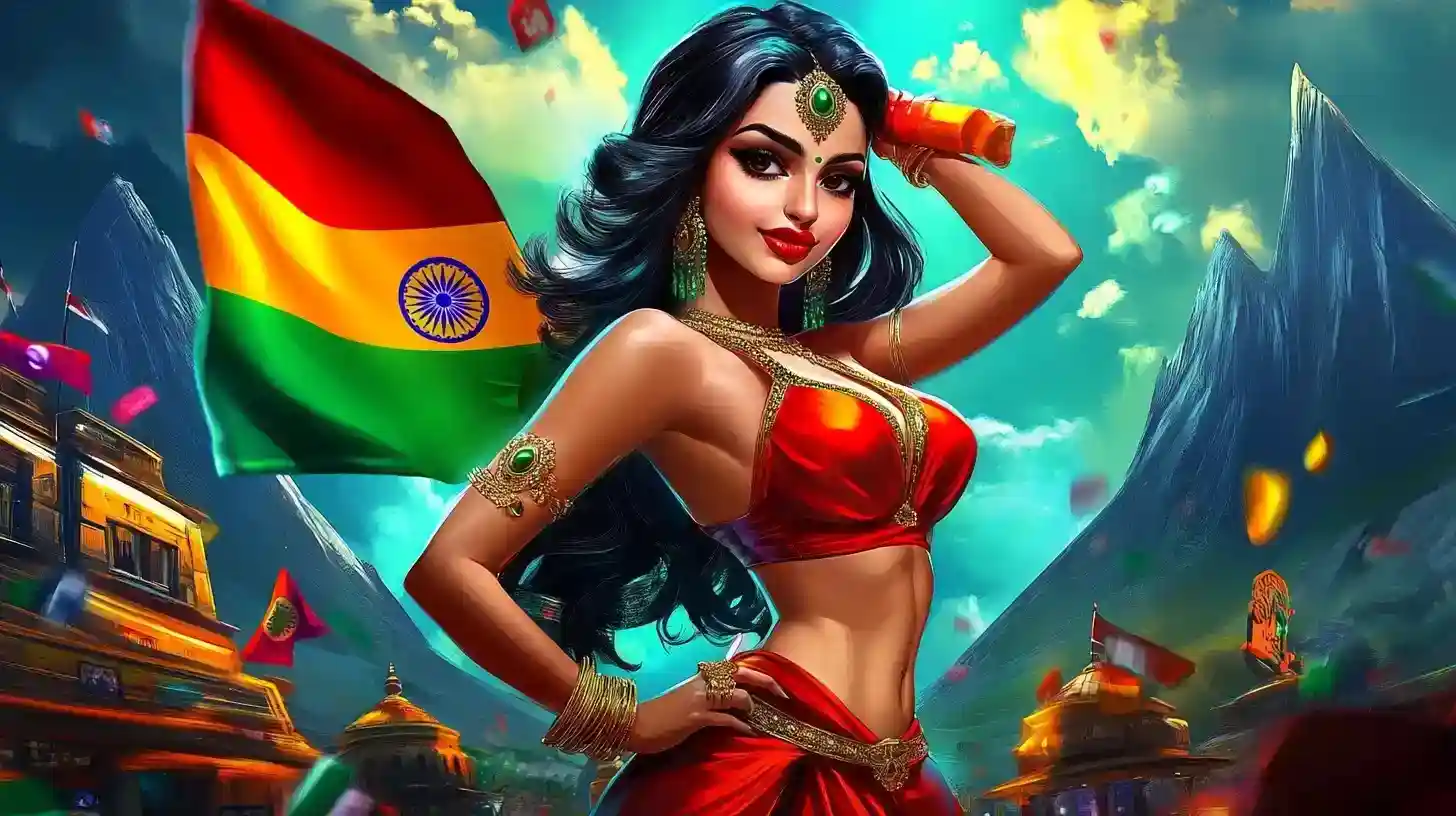 Beautiful Indian woman in traditional attire holding the flag of India against a mountain backdrop.