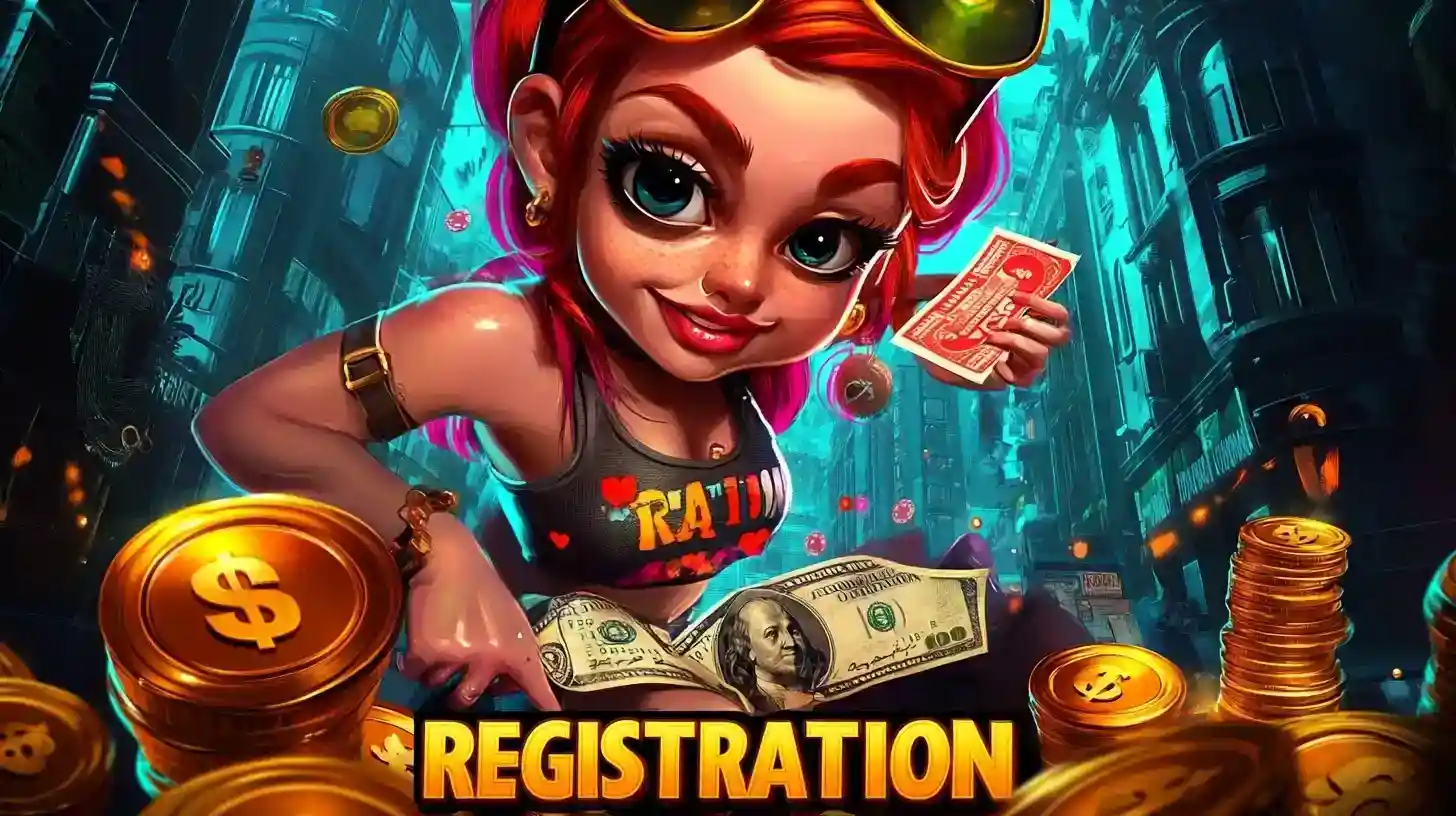 Cartoon-style girl with pink hair holding money surrounded by gold coins with a 'Registration' sign.