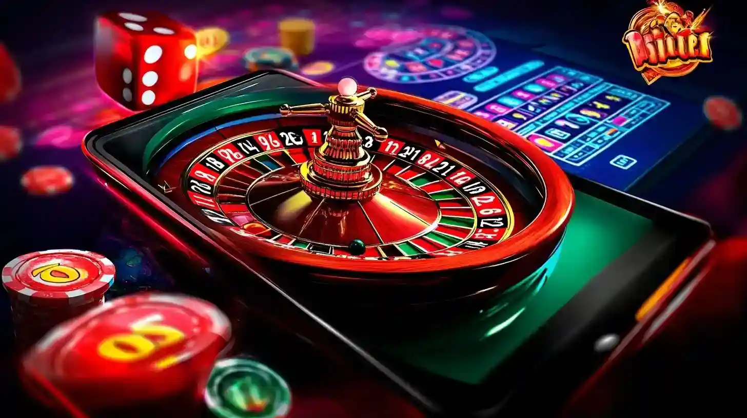 Woman pointing to a smartphone displaying a casino slots game application interface.